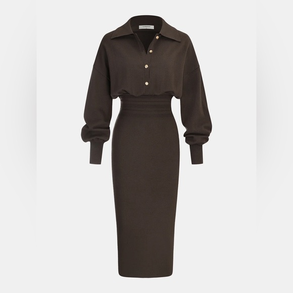 Commense Dresses & Skirts - Elegant Ribbed Knit Midi Dress - Cinched Waist & Balloon Sleeves - Brown S NEW